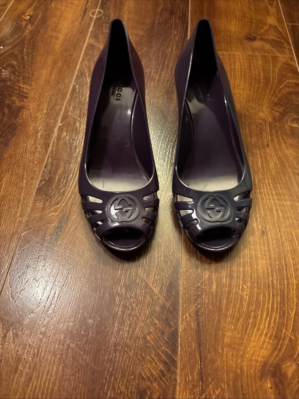 Gucci GG Logo Purple Rubber Slip On Wedge Shoes SZ 6